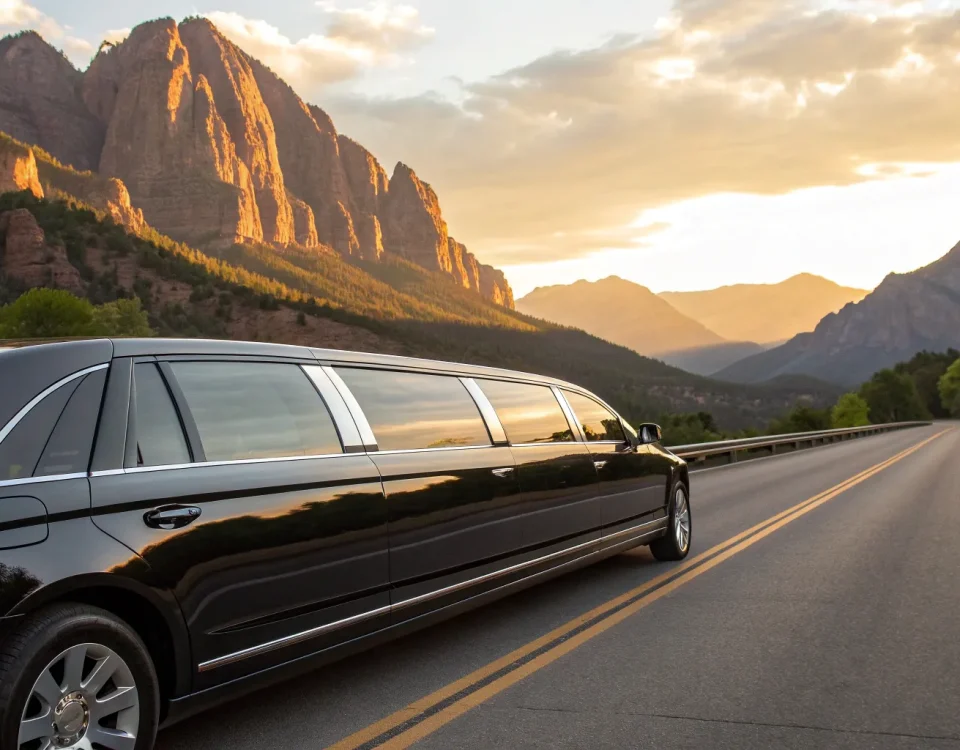 A luxury chauffeur drives a limousine on a Denver mountain road at sunset.