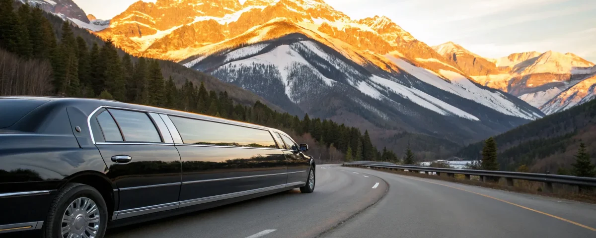 Black luxury limo driving on mountain road.