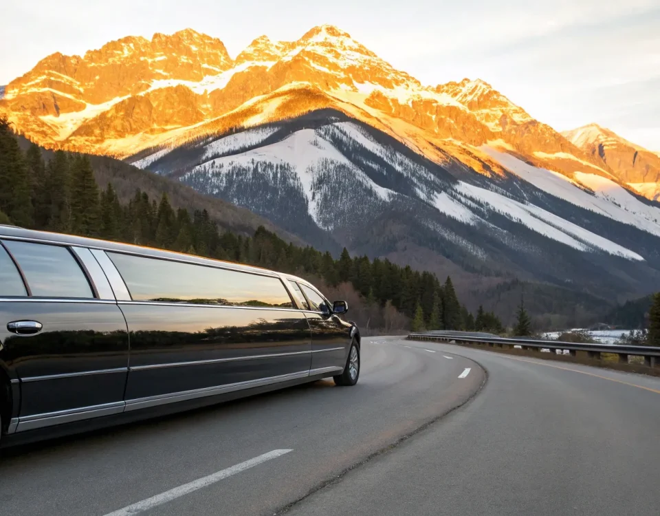 Black luxury limo driving on mountain road.