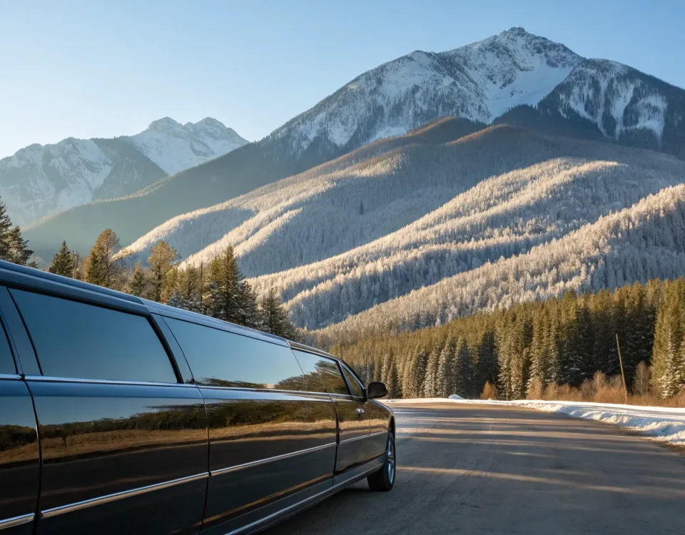 Black luxury Vail limo driving on snowy mountain road.