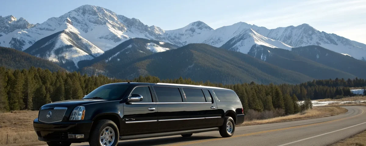 A Colorado limousine rental driving on a scenic mountain road with snowy peaks.