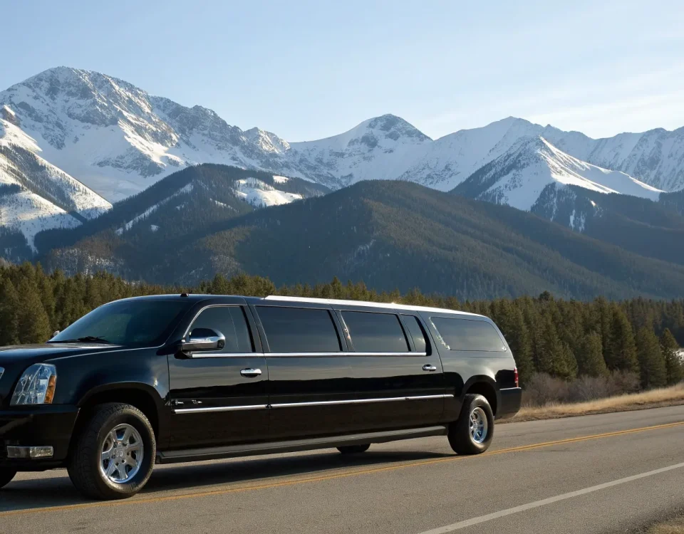 A Colorado limousine rental driving on a scenic mountain road with snowy peaks.