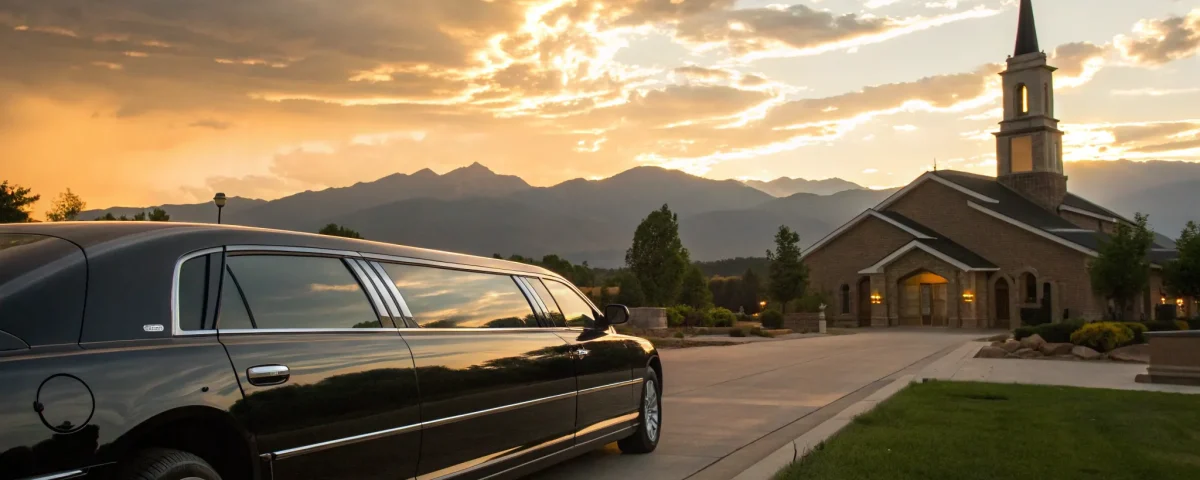 A wedding limo parked outside a Denver church with mountain views at sunset.