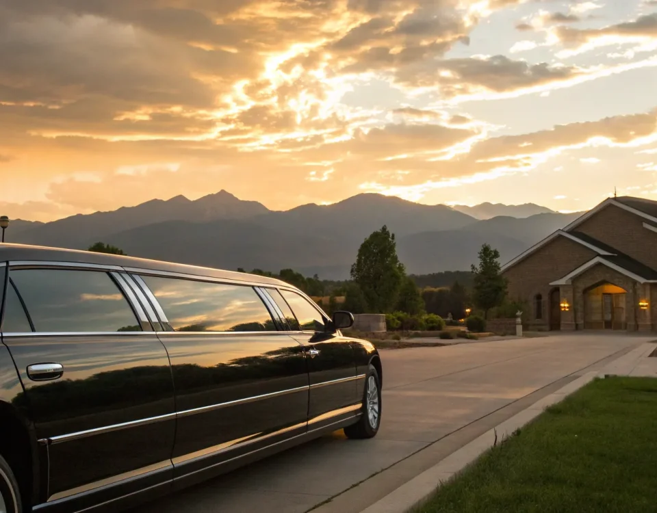 A wedding limo parked outside a Denver church with mountain views at sunset.