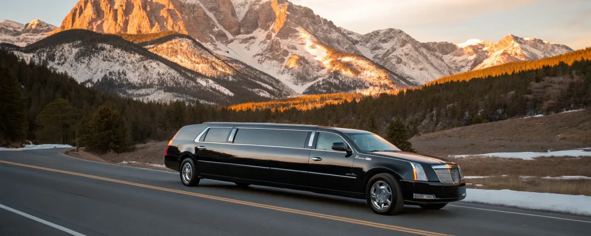 A black stretch limo for Denver International Airport service on a scenic mountain road.