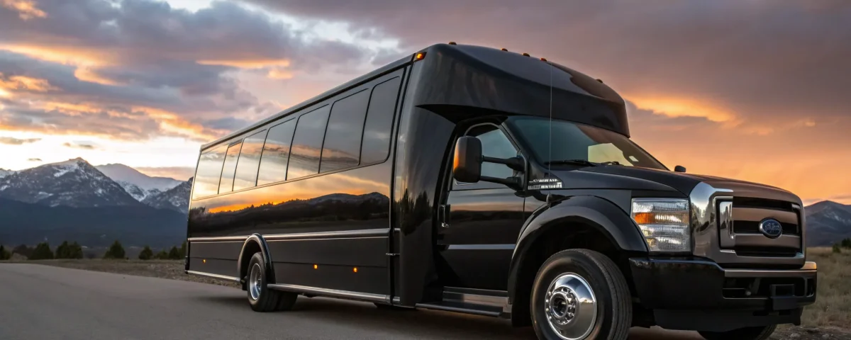 A Denver limo bus on a scenic mountain road at sunset.