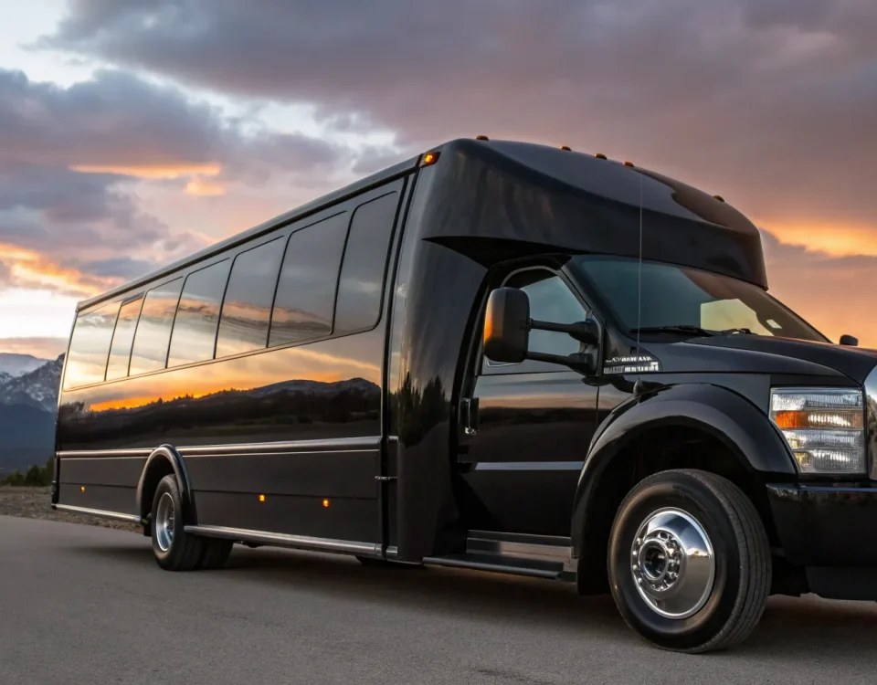 A Denver limo bus on a scenic mountain road at sunset.