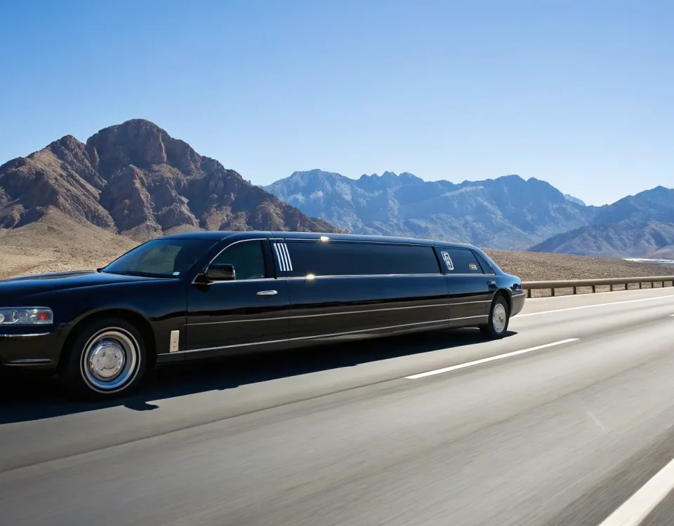 A black limousine offers a luxury airport transfer in Denver with a mountain backdrop.