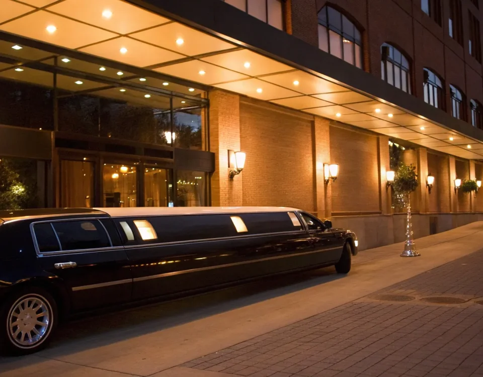 Luxury limo parked for a Denver birthday party outside a festive venue at night.