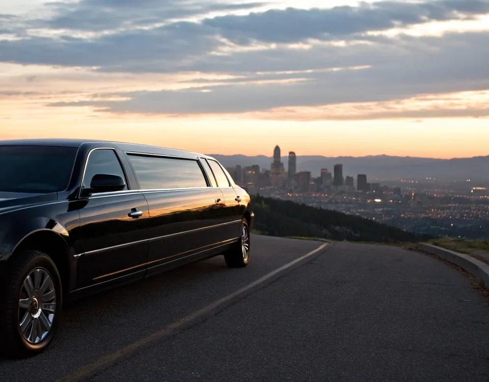 A luxury vehicle for a black car service near the city at sunset.