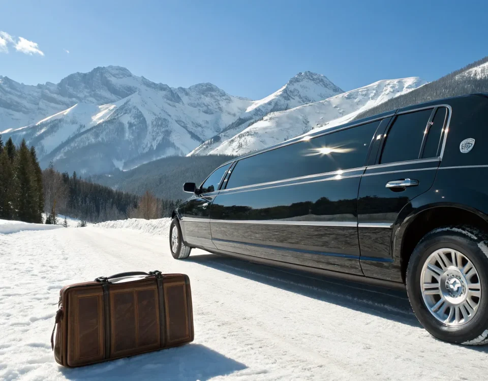 Black Denver to Aspen limo on a snowy mountain road with luggage.