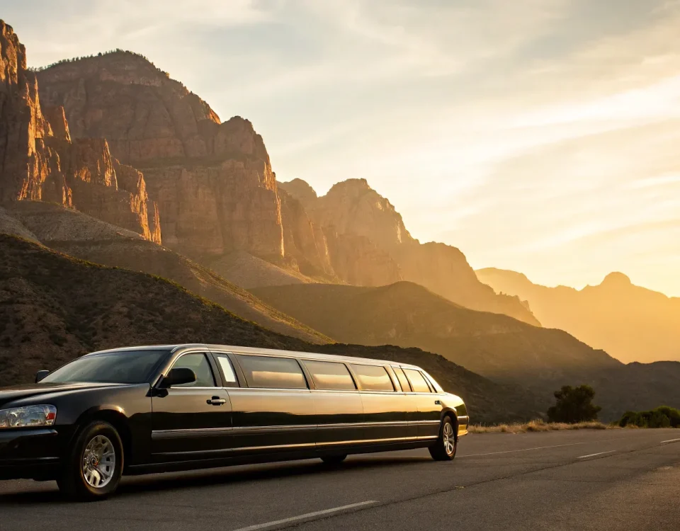 A black stretch limo from a professional Arvada limo service on a scenic road at sunset.
