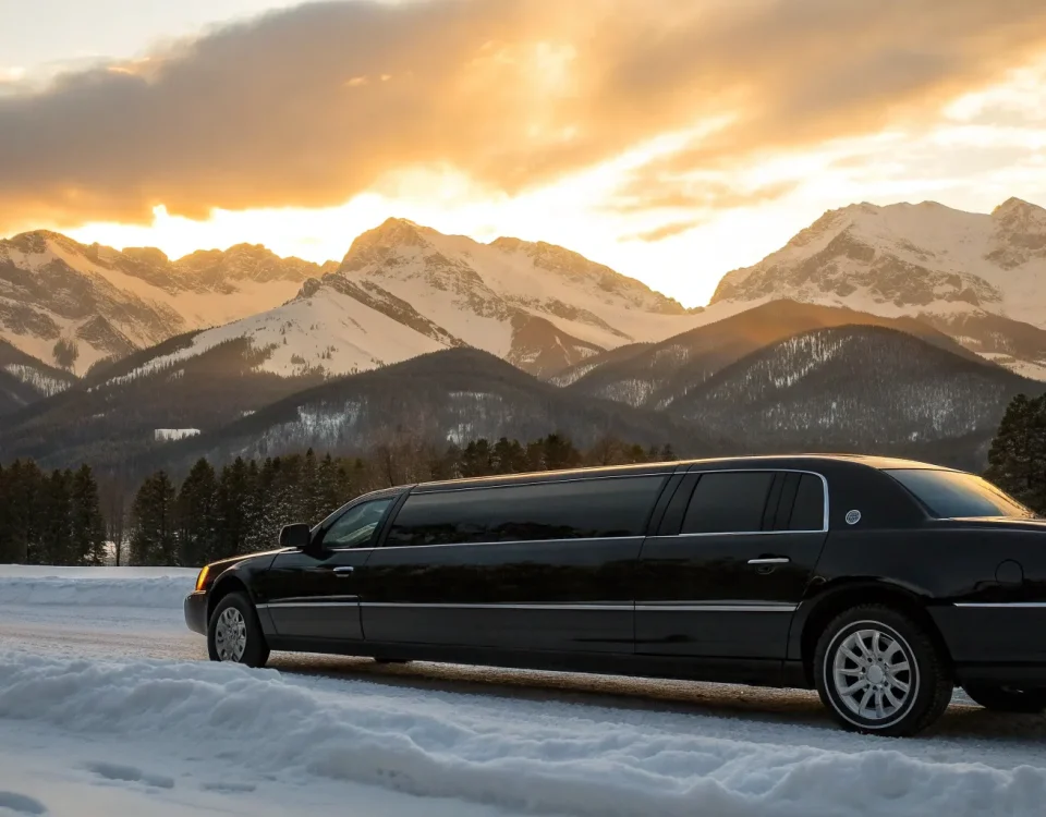 A black stretch limo for a ski resort service on a snowy Colorado mountain road.