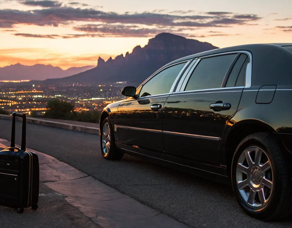 A professional Boulder limo service's black limousine parked at sunset with a suitcase ready for pickup.