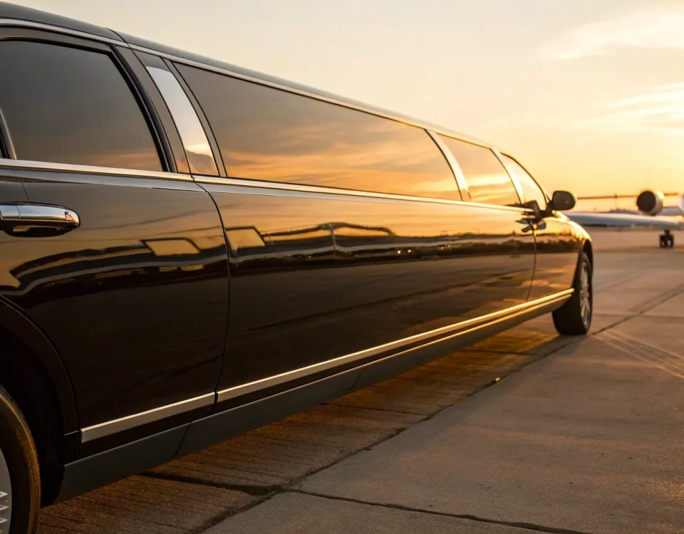 A luxury black airport limo waiting near a private jet for a premium transfer.