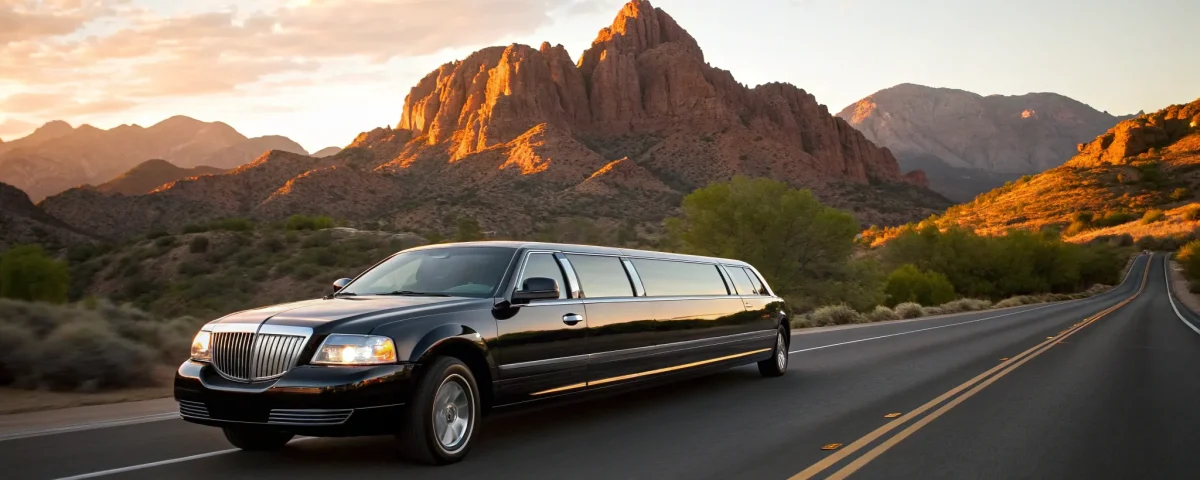 A black stretch limo for a Denver airport transfer with mountains in the background.