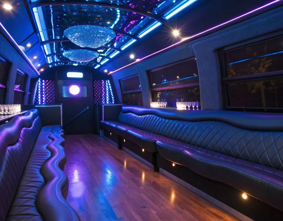 Luxury interior of a party bus for rent near me, with leather seating and LED lighting.