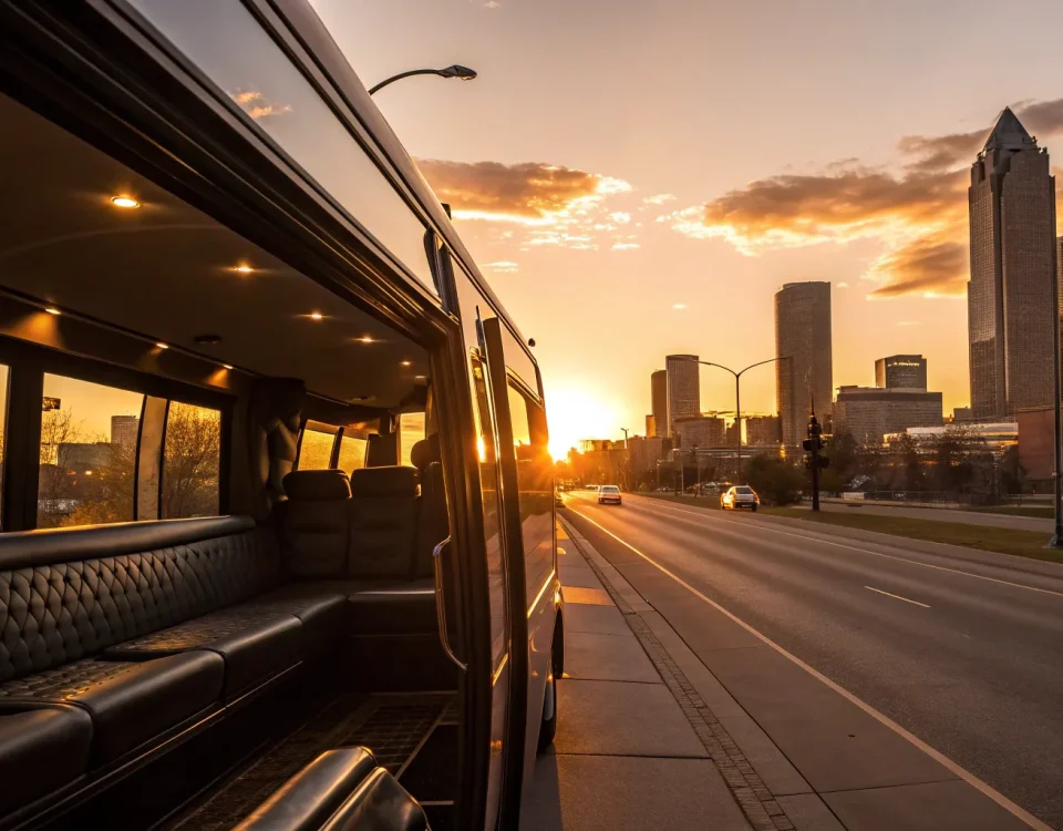 Luxury brewery tour bus in front of the Denver skyline at sunset.