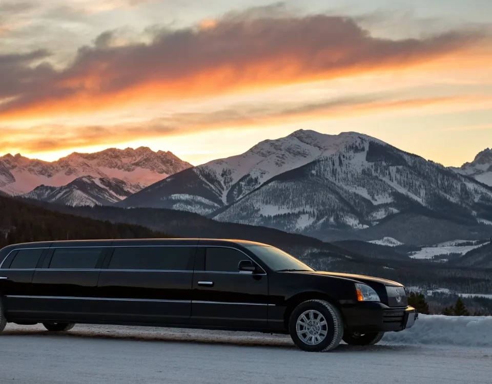 Luxury ski transportation in a black limousine through the snowy Colorado mountains.