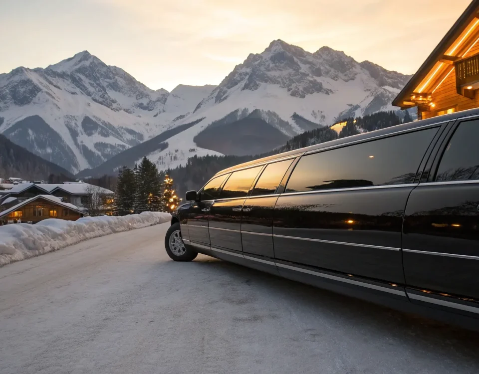 A luxury limo service arriving at a snowy mountain ski resort.