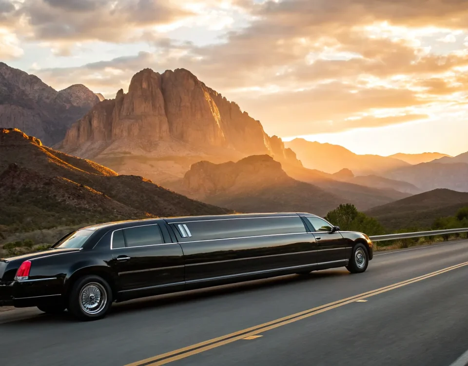 A black stretch limo from a premium Aurora limo service on a scenic mountain road.