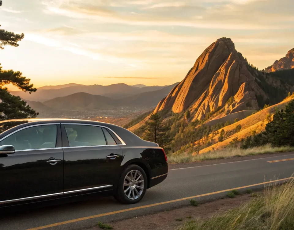 A luxury black car service vehicle on a scenic mountain road in Boulder.
