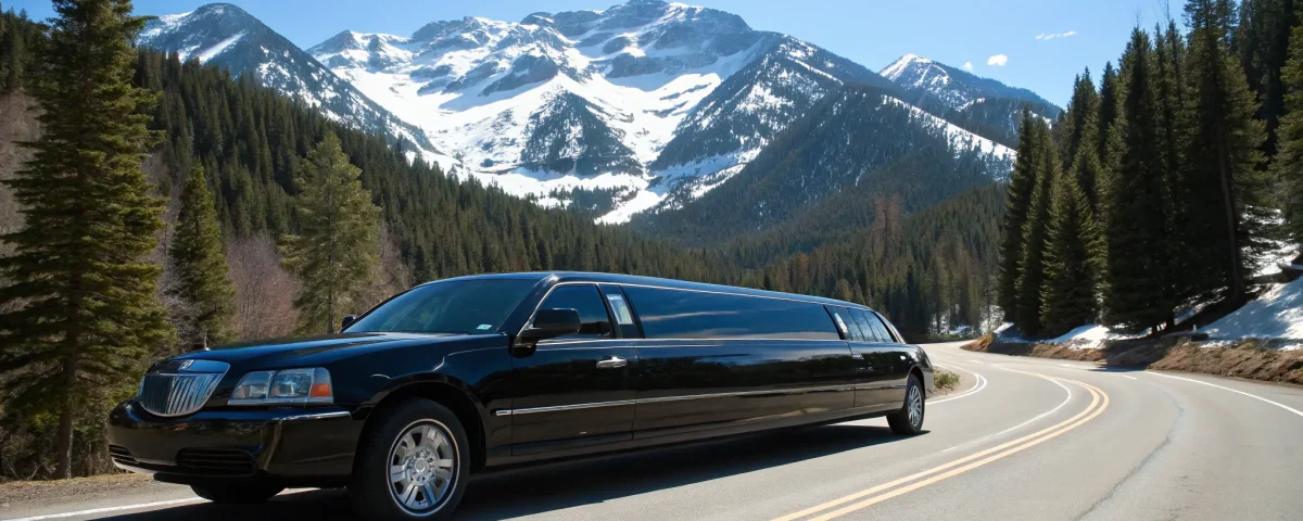 A luxury black stretch limo service driving on a mountain road near Littleton.