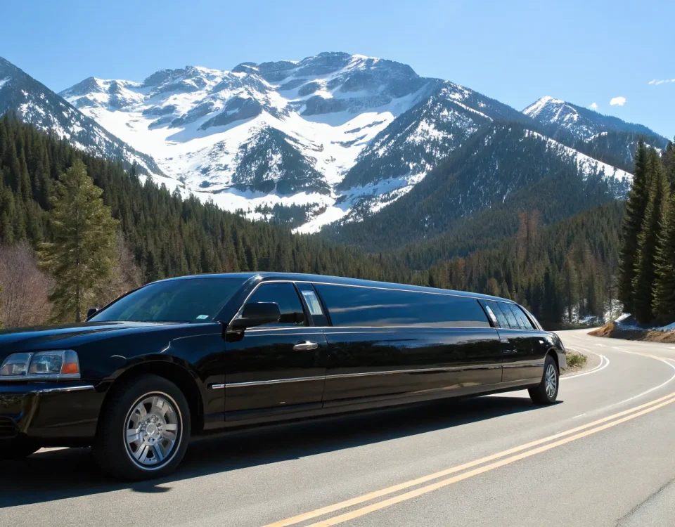 A luxury black stretch limo service driving on a mountain road near Littleton.
