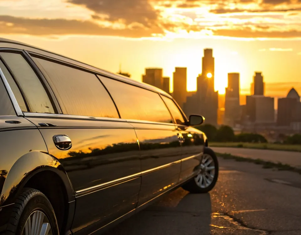 Black stretch limousine for rent in Denver parked with the city skyline at sunset.