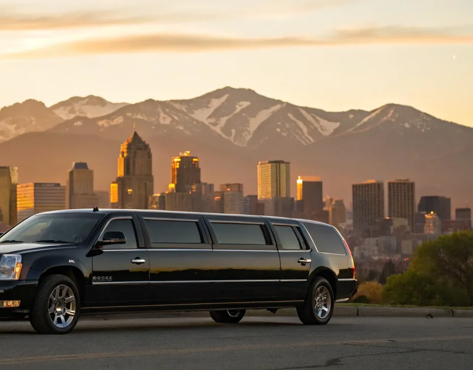 Executive transportation limousine service in Denver with the city and mountains at sunset.