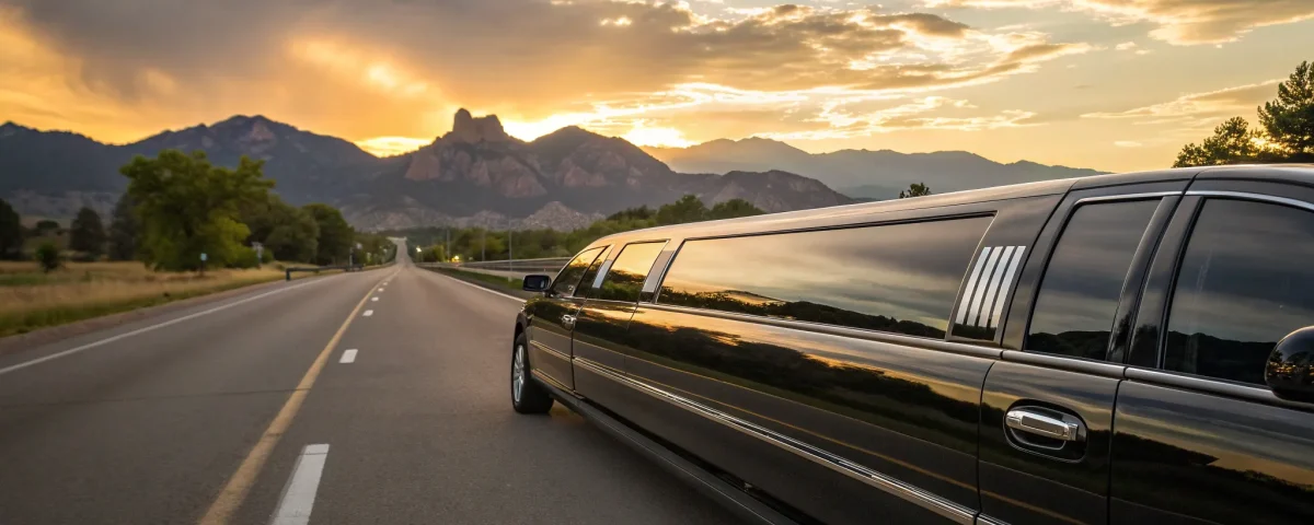 Private chauffeur driving a black stretch limousine on a scenic Denver road.