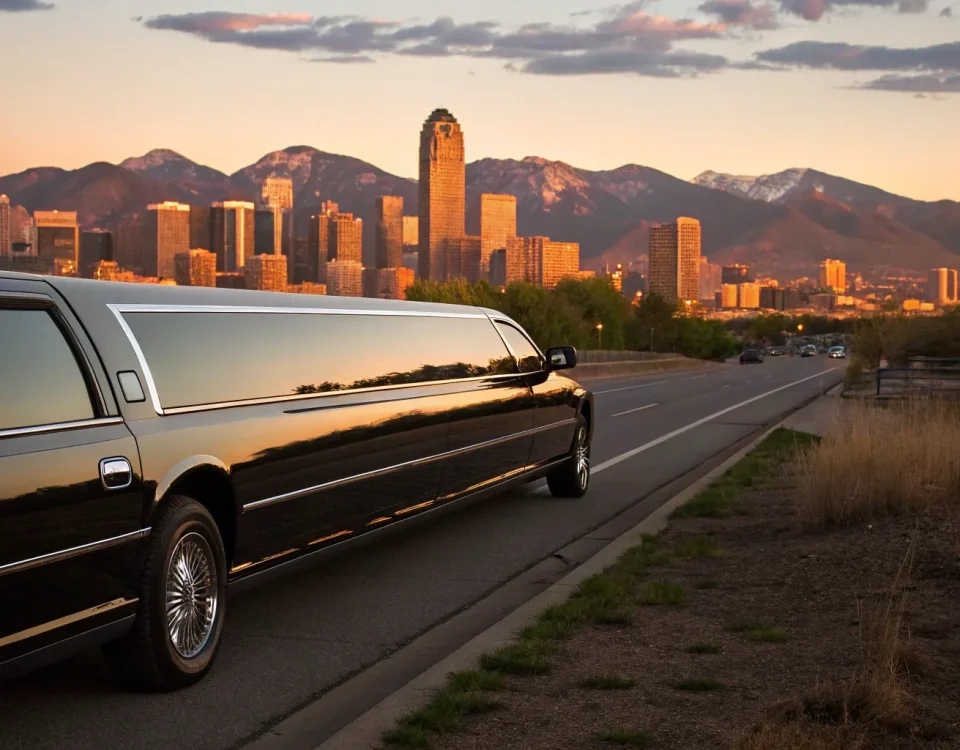 Black stretch limo rental on a Denver road with the city skyline and mountains at sunset.