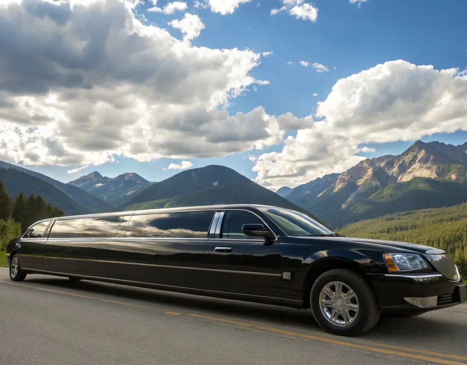 A black stretch limo rental on a scenic mountain road near Denver.
