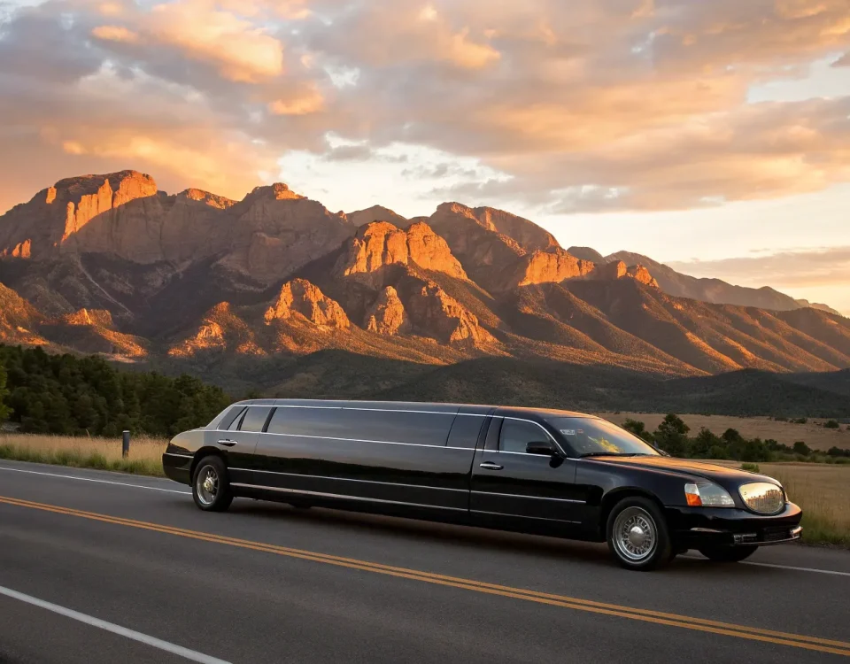 A black Golden, CO limousine rental driving through scenic mountains.