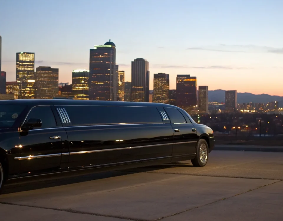 Luxury limousine service in Denver with a city skyline view at sunset.