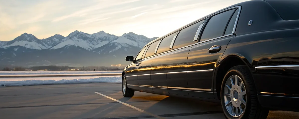 Black stretch limo for airport service in Denver, CO, with a mountain view at sunset.