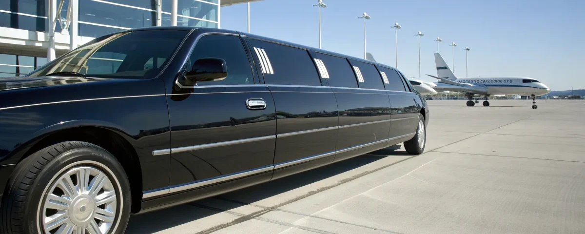 Black limousine airport car service waiting next to a private jet in Denver, CO.