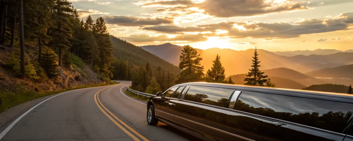 Get a limo quote for a black stretch limo driving on a scenic road at sunset.