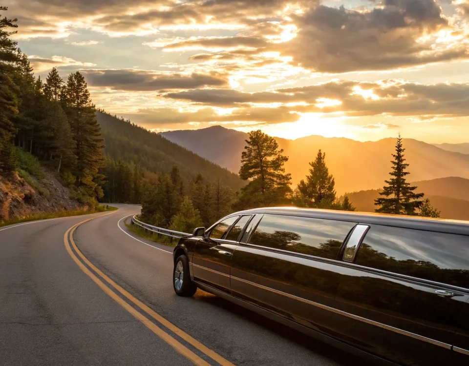 Get a limo quote for a black stretch limo driving on a scenic road at sunset.