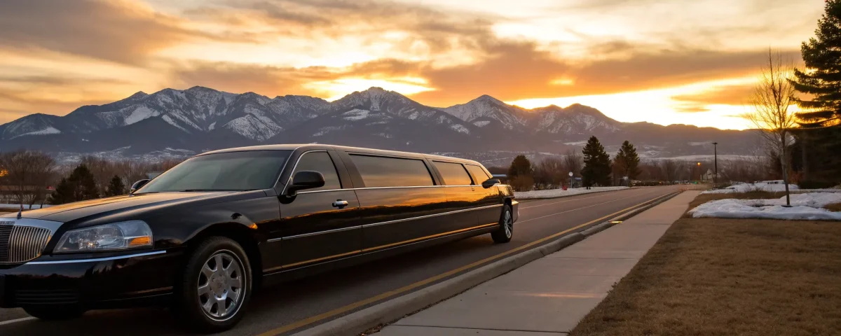 Luxury black stretch limo for DIA limo service with a scenic mountain background.