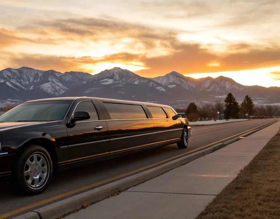 Luxury black stretch limo for DIA limo service with a scenic mountain background.