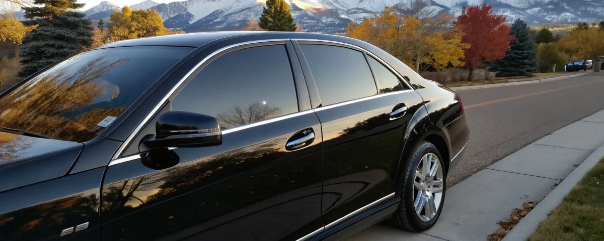 A luxury black car from a professional airport car service in Aurora.
