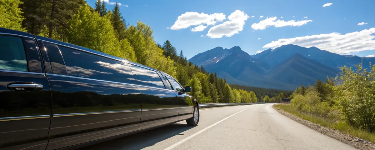 An affordable limo service in Denver with a black limo driving on a mountain road.
