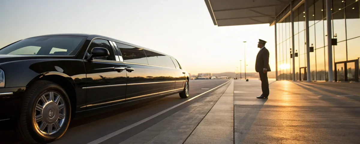 A professional airport car service with a chauffeur waiting by a luxury sedan at the terminal.