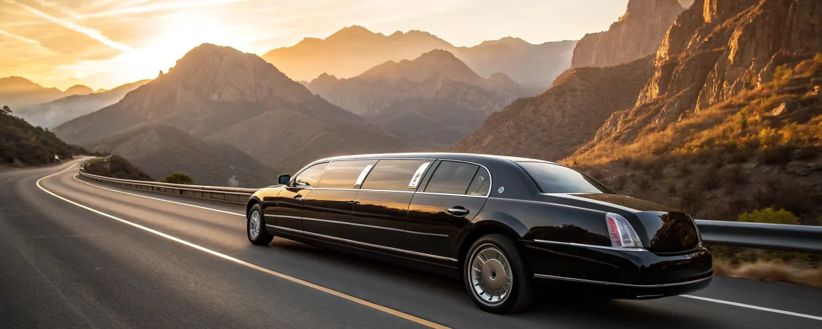 A professional Lakewood limo service driving a luxury black limousine on a scenic road.