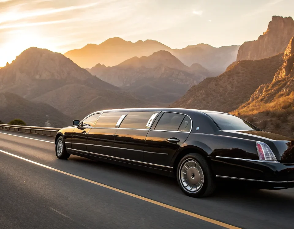 A professional Lakewood limo service driving a luxury black limousine on a scenic road.