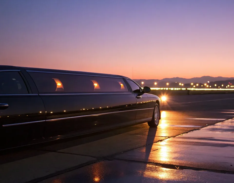 Private airport transportation in a luxury black limousine waiting on the tarmac.