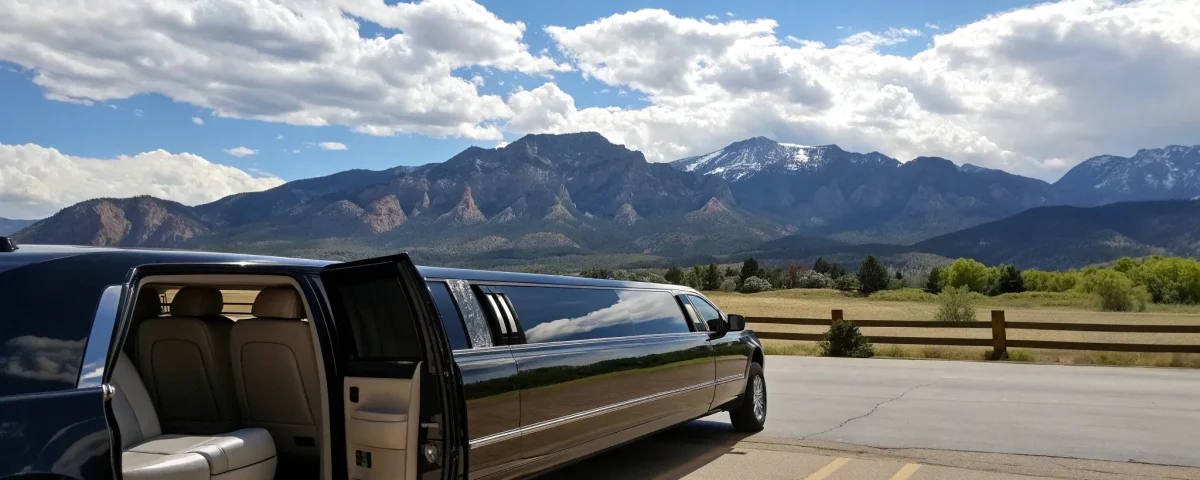 Stretch limousine with an open door parked in Denver with mountain views.