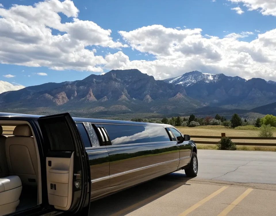 Stretch limousine with an open door parked in Denver with mountain views.
