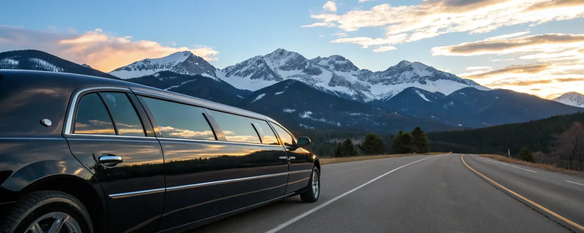 Luxury car on a mountain highway at sunset, Vail to Denver airport car service.